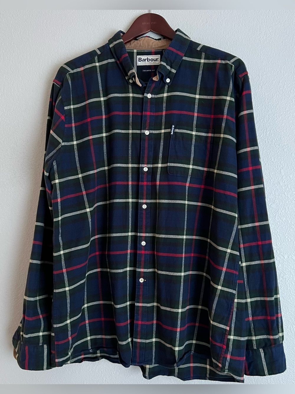 Barbour Highland Check 19 Flannel Shirt Men’s XL Tailored Fit Navy Blue